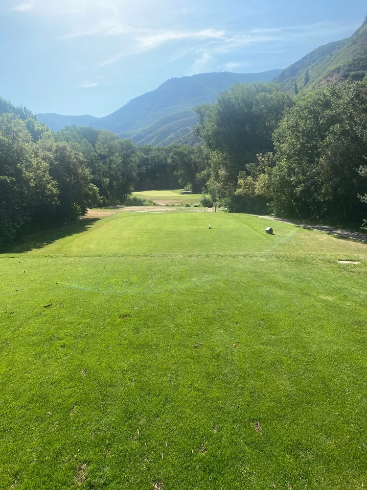 A tee and green framed by trees and canyon hills at Hobble Creek Golf Course.