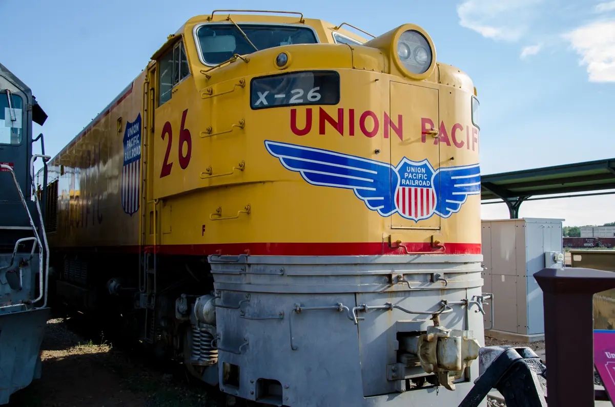 The yellow front of Union Pacific locomotive No. 26 at the Utah State Railroad Museum in Ogden