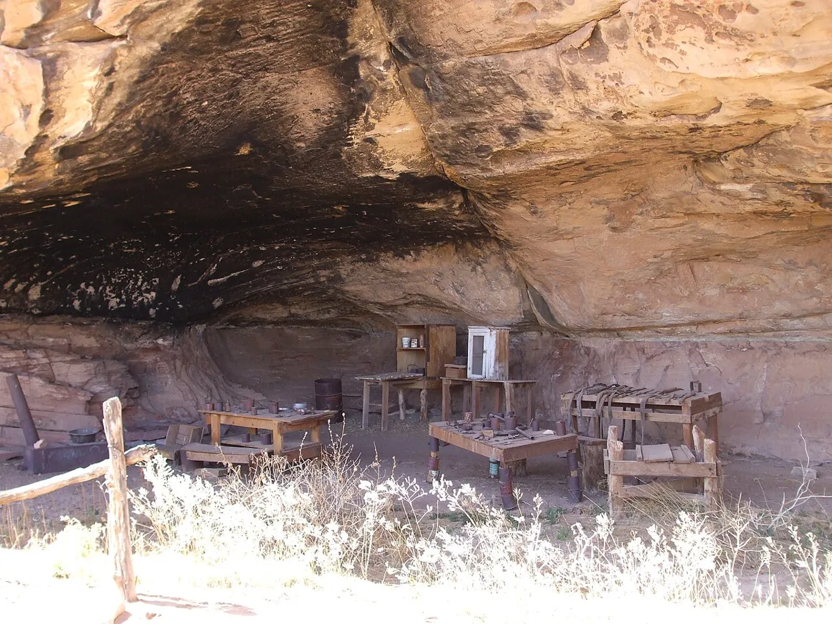 Furniture under a rock overhang at the Cave Spring cowboy camp in Canyonlands National Park