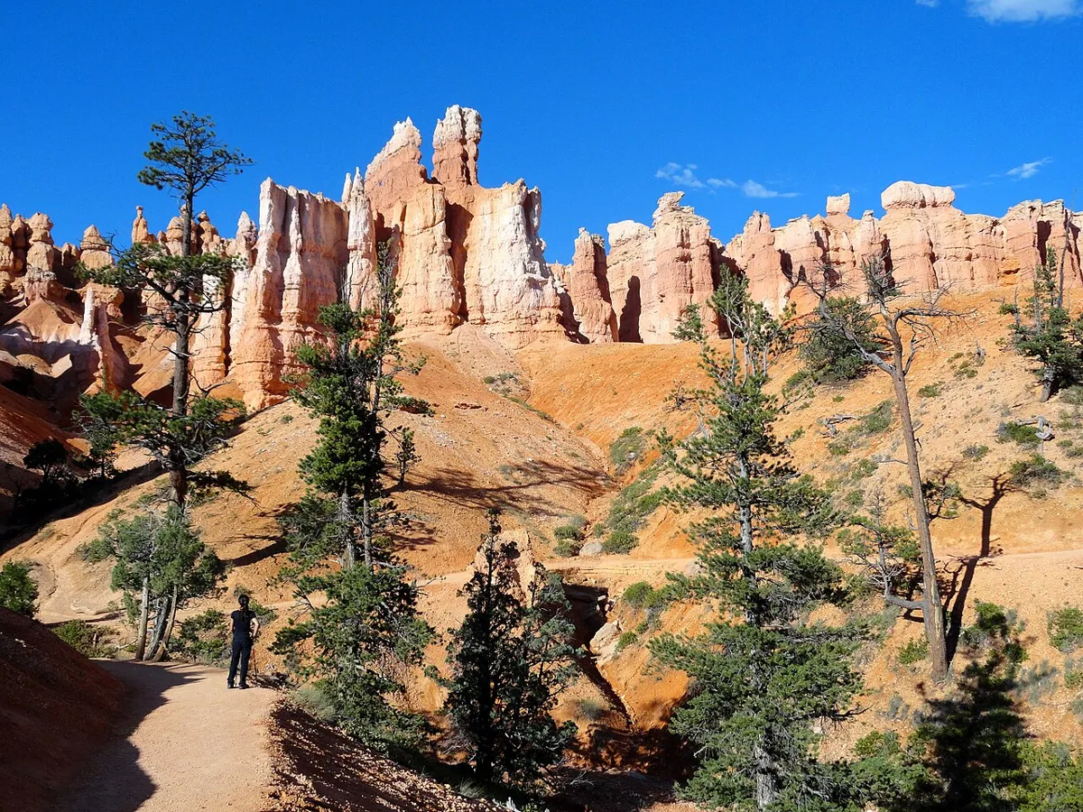 A hiker on the Queen’s Garden Trail among hoodoos in Bryce Canyon