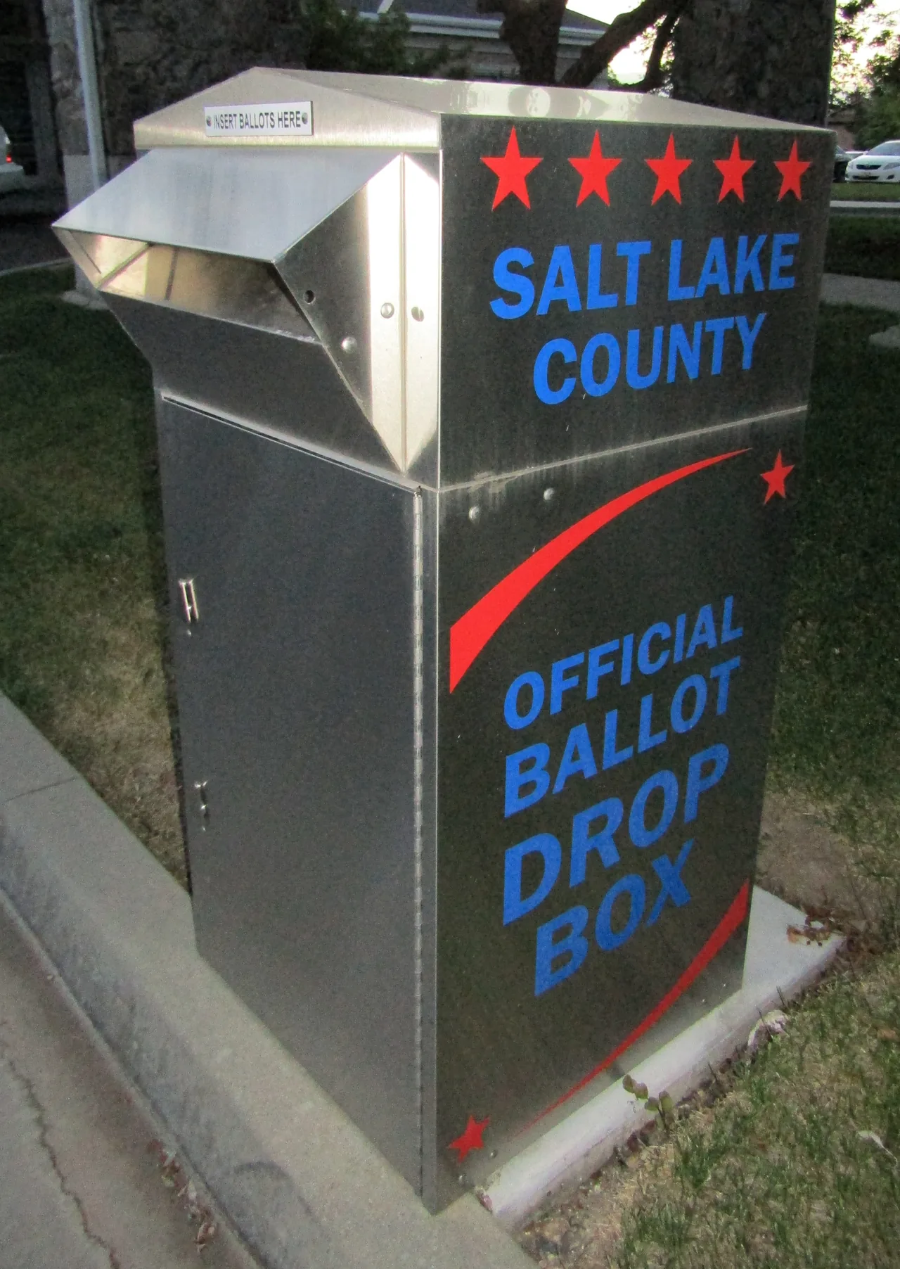 A Salt Lake County ballot drop box photographed at Sandy Senior Center in 2018