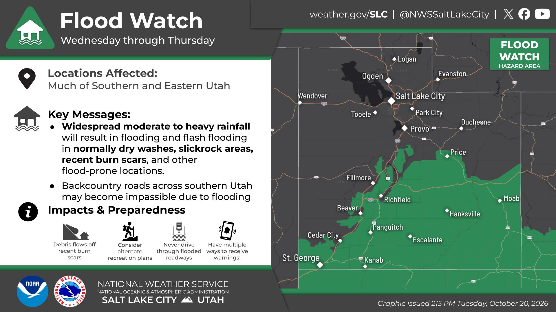 National Weather Service flood-watch graphic issued October 20, 2026, showing affected parts of southern and eastern Utah and flood-preparedness guidance.