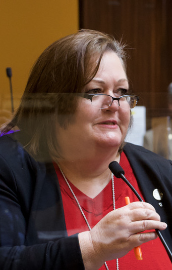 Cheryl Acton speaking at a microphone in the Utah House chamber.