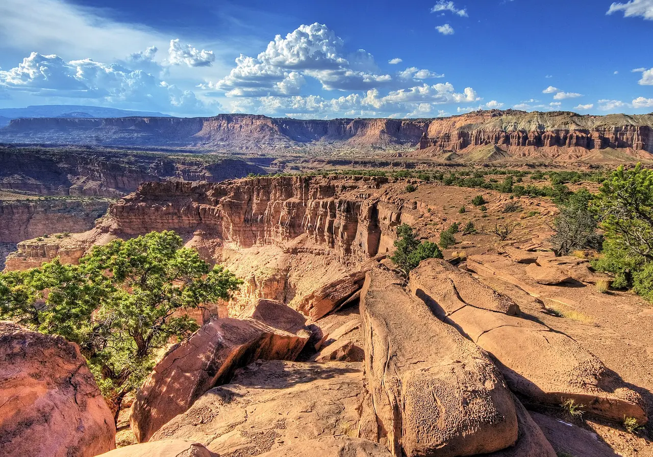 Layered red and cream sandstone cliffs of the Waterpocket Fold in Capitol Reef National Park