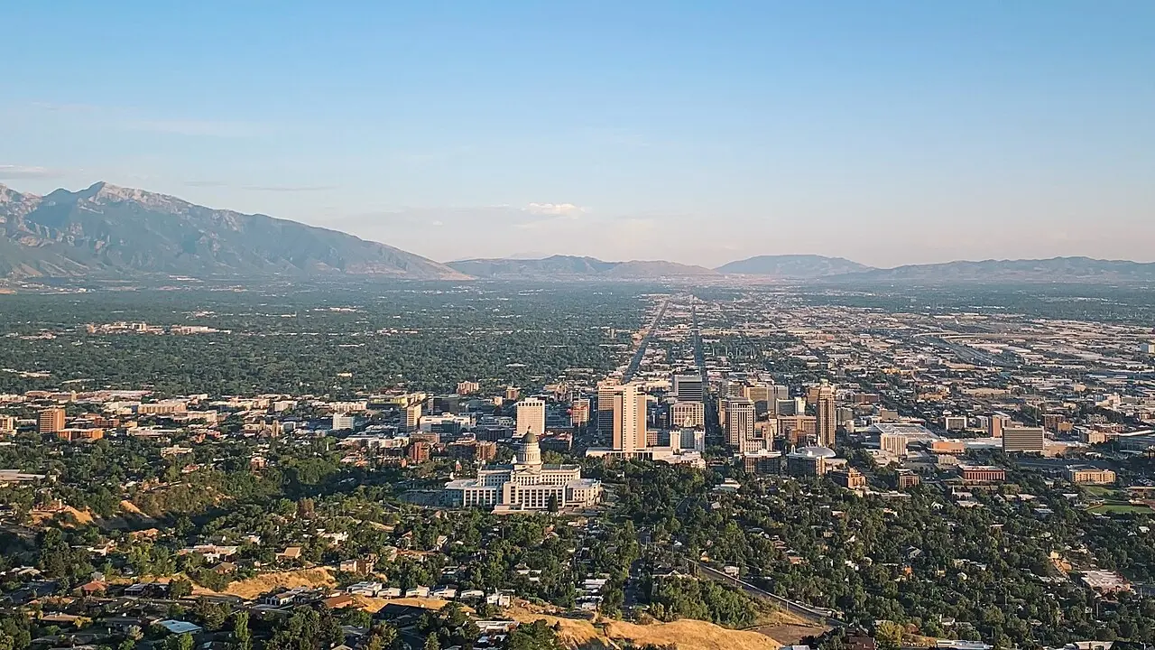 Salt Lake City skyline and the Wasatch Mountains from Ensign Peak