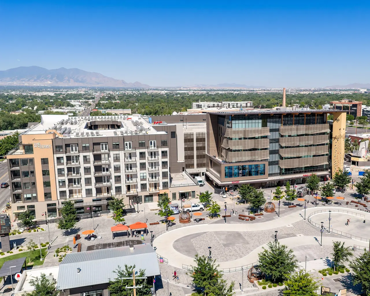 Millcreek City Hall and its plaza, seen from above
