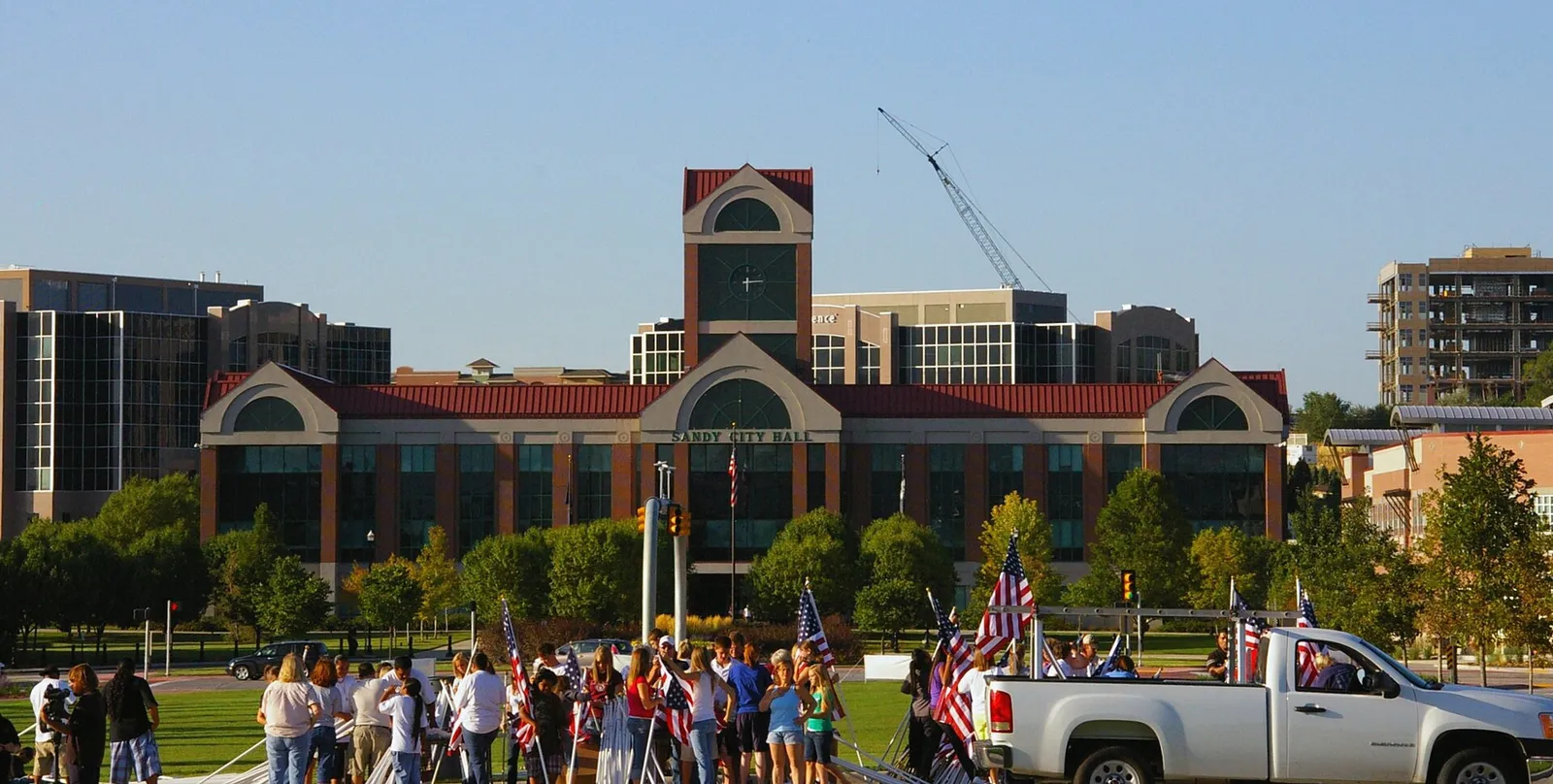 Volunteers setting up the Healing Field in front of Sandy City Hall, September 10, 2009; file photo