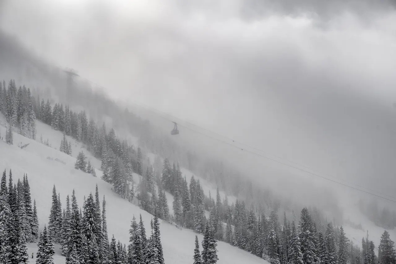 Snow-covered peaks and ski runs at Snowbird in Little Cottonwood Canyon
